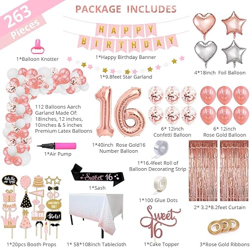 Miniatura 2 de Decoraciones de cumpleaños de 16 años con guirnalda de arco de globos, telón de fondo y accesorios para cabina de fotos, decoraciones de oro rosa,