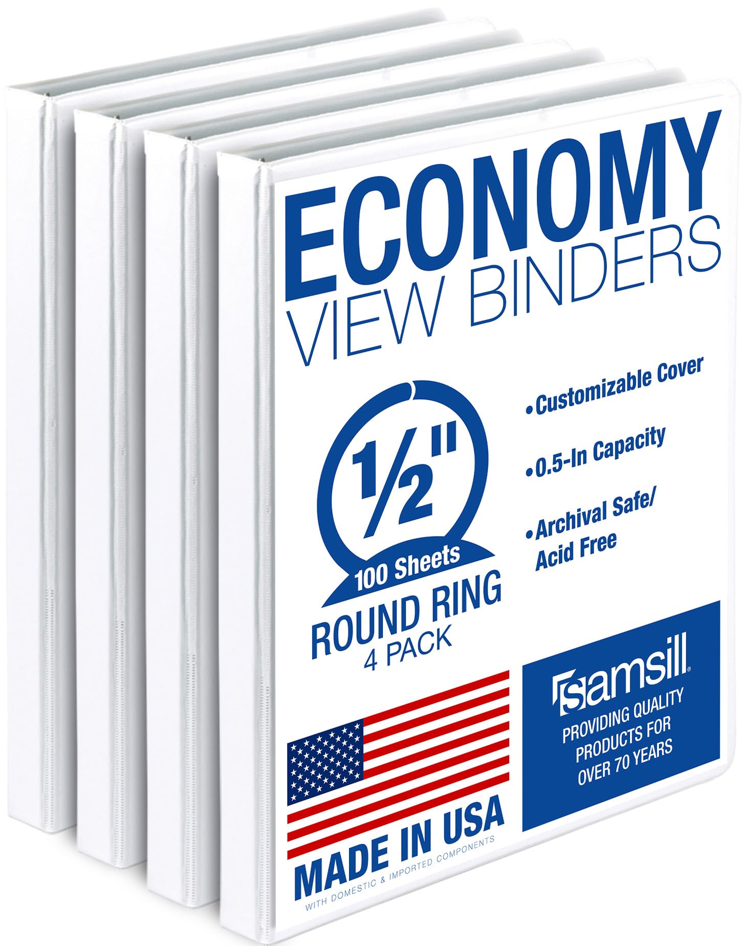Samsill 0.5 Inch 3 Ring Binder, Economy Round Ring, Clear View Cover, 100 Sheet Capacity - for School, Home, Office - White, 4 Pack