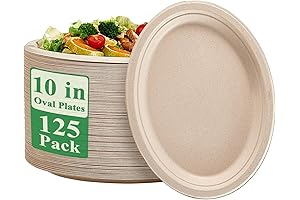Vplus 100% Compostable Oval Paper Plates, 10-inch, 125-Pack
