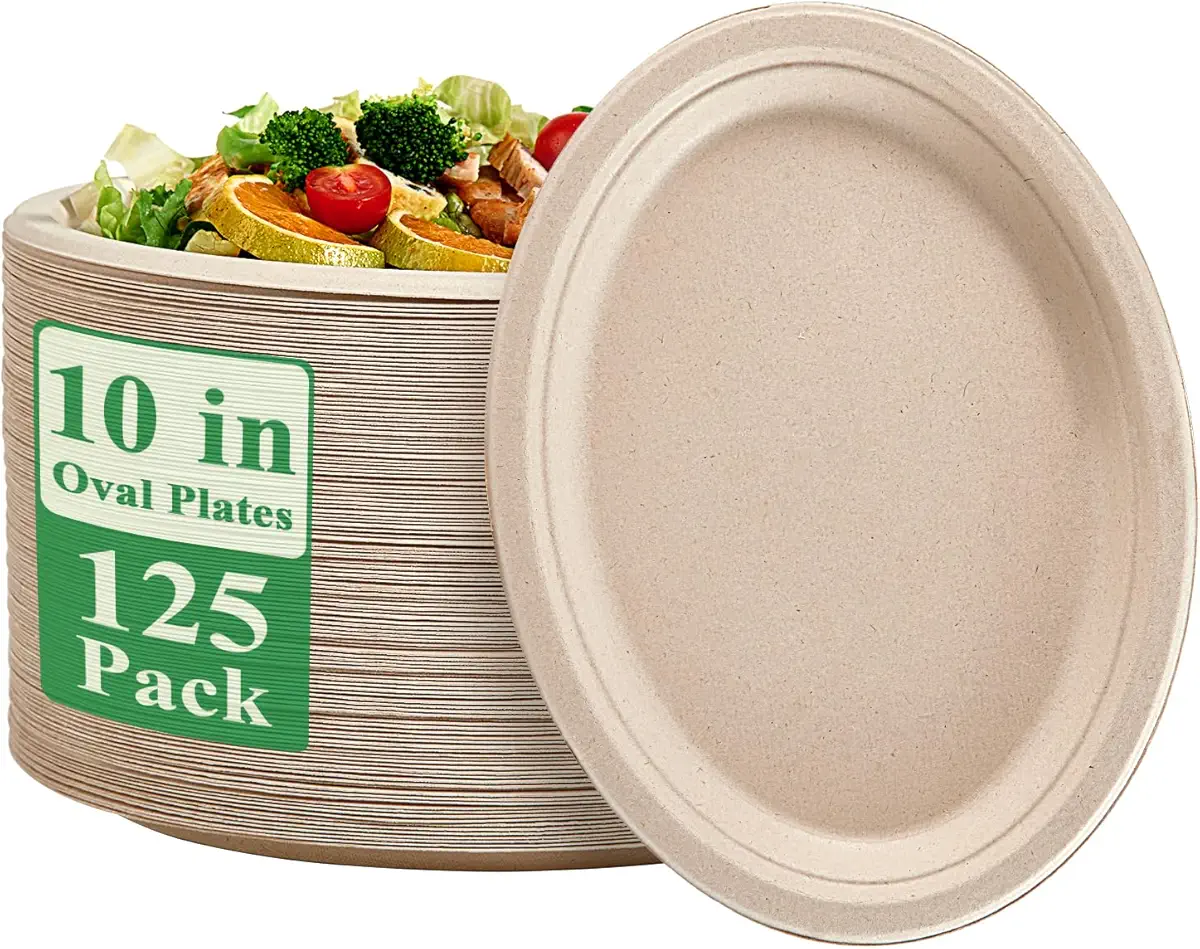 Vplus 100% Compostable Oval Paper Plates 10 inch 125 Pack Super Strong Disposable Paper Plates Natural Biodegradable Eco-Friendly Sugarcane Plates for BBQ, Party, Gathering, and Picnic