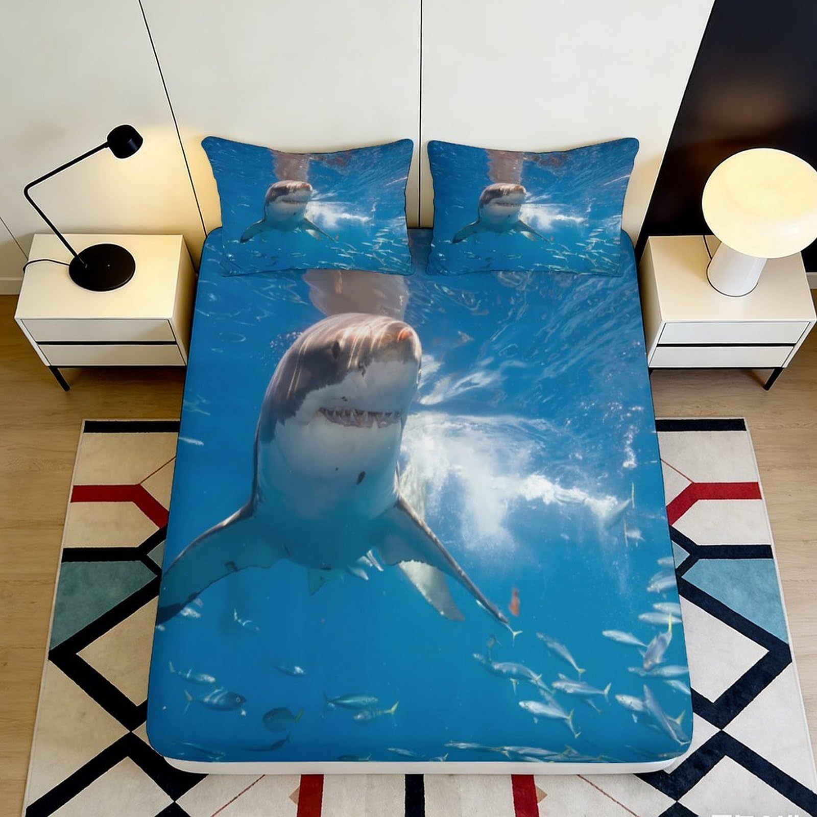 Pnayamiorkfel Style-3 3D Printed Shark Ocean Fitted Sheet Microfiber Soft Anti-Slip Bed Cover For Bedroom Guest Room Dorm Mattress Protection Decor 90X200x25cm