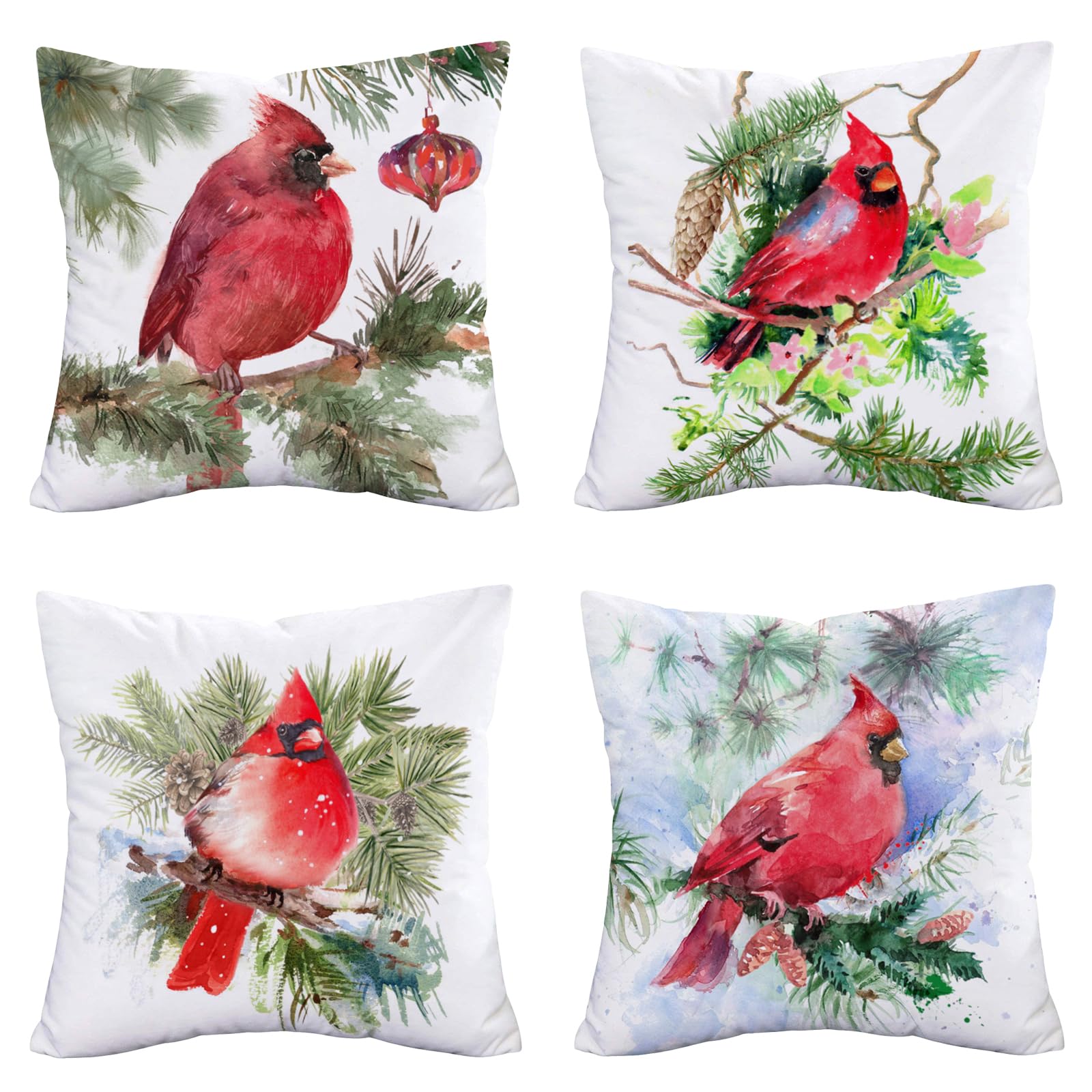 Set di 2 federe per cuscini invernali con uccellini rossi per decorare