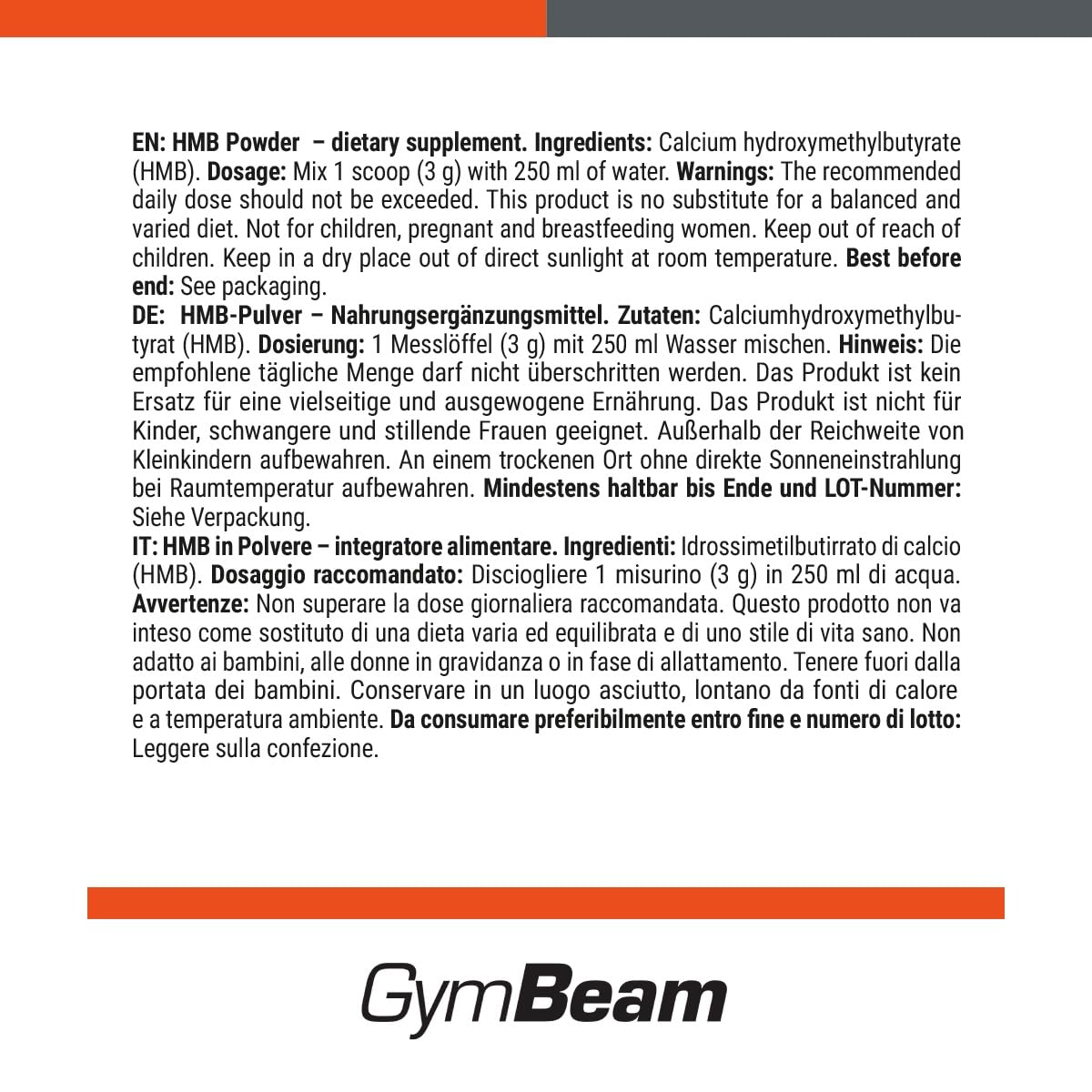 GymBeam HMB Pulver - Hochwertiges Hydroxybetamethylbutyrat, Aminosäuren-Supplement, essentieller Leucin Metabolit mit anabolem Potenzial, unterstützt mTOR-Signalweg-Aktivierung, 300g
