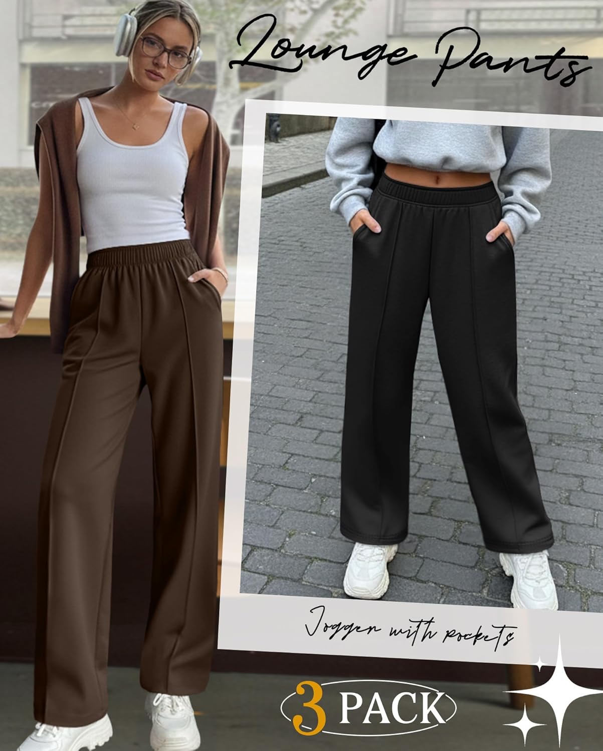 Neer 3 Pack Women's Wide Leg Sweatpants Baggy High Waist Straight Yoga Pants Open Bottom Jogger with Pockets - Image 3