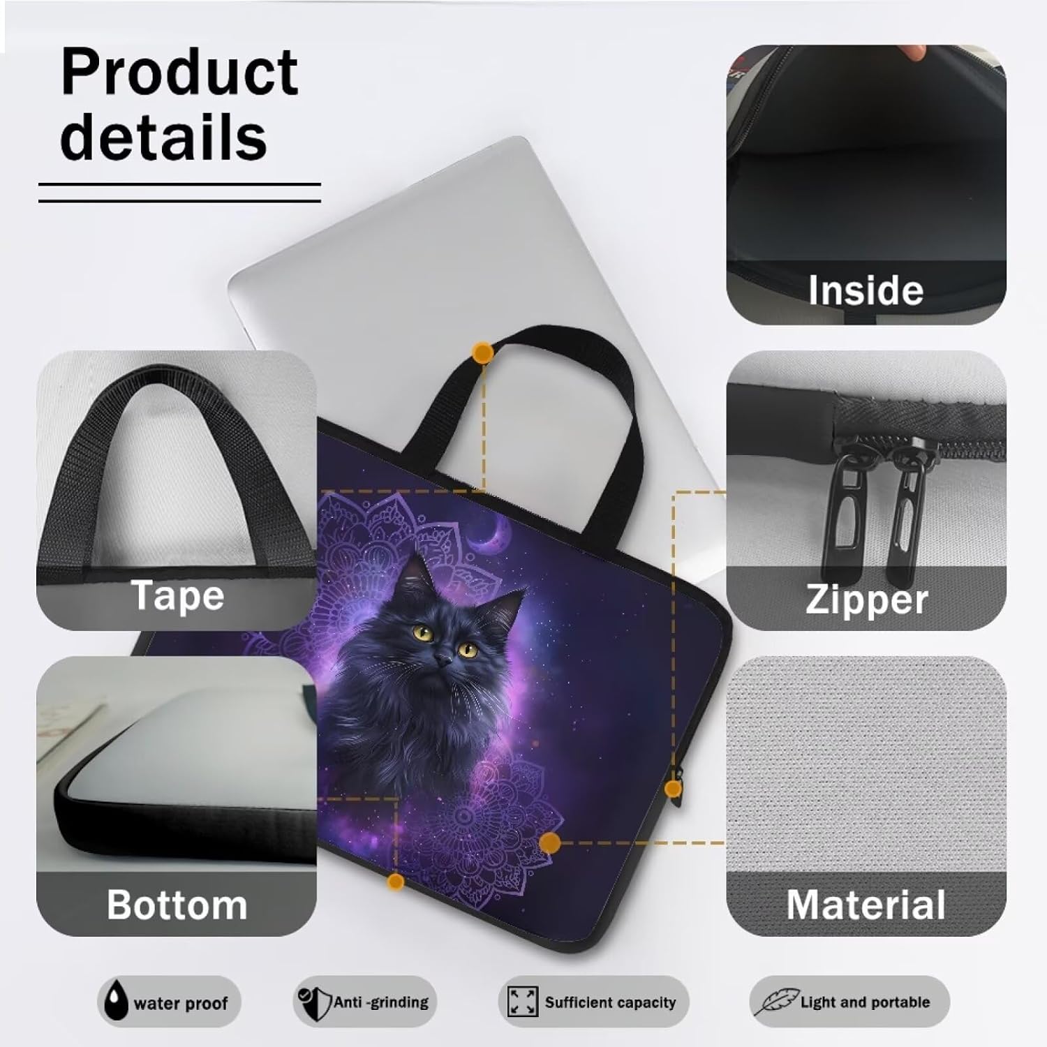 Laptop Sleeve Case with Handle Computer Cover Bohemian Purple Black Cat Print Laptop Case Compatible with 10-17 Inch Tablet for Women Men 360° Protective Carrying Bag Briefcase, 17inch image 5