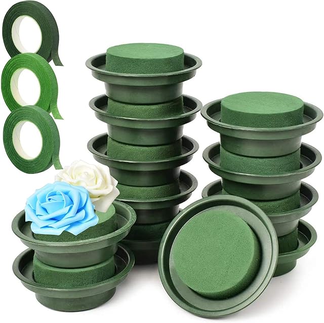 Woohome 15 PCS Floral Foam DIY Flower Arrangement Kit, 12 PCS Round Green Foam for Artificial Flowers and 3 PCS Floral Tapes for Party Decoration, Wedding Aisle Flowers