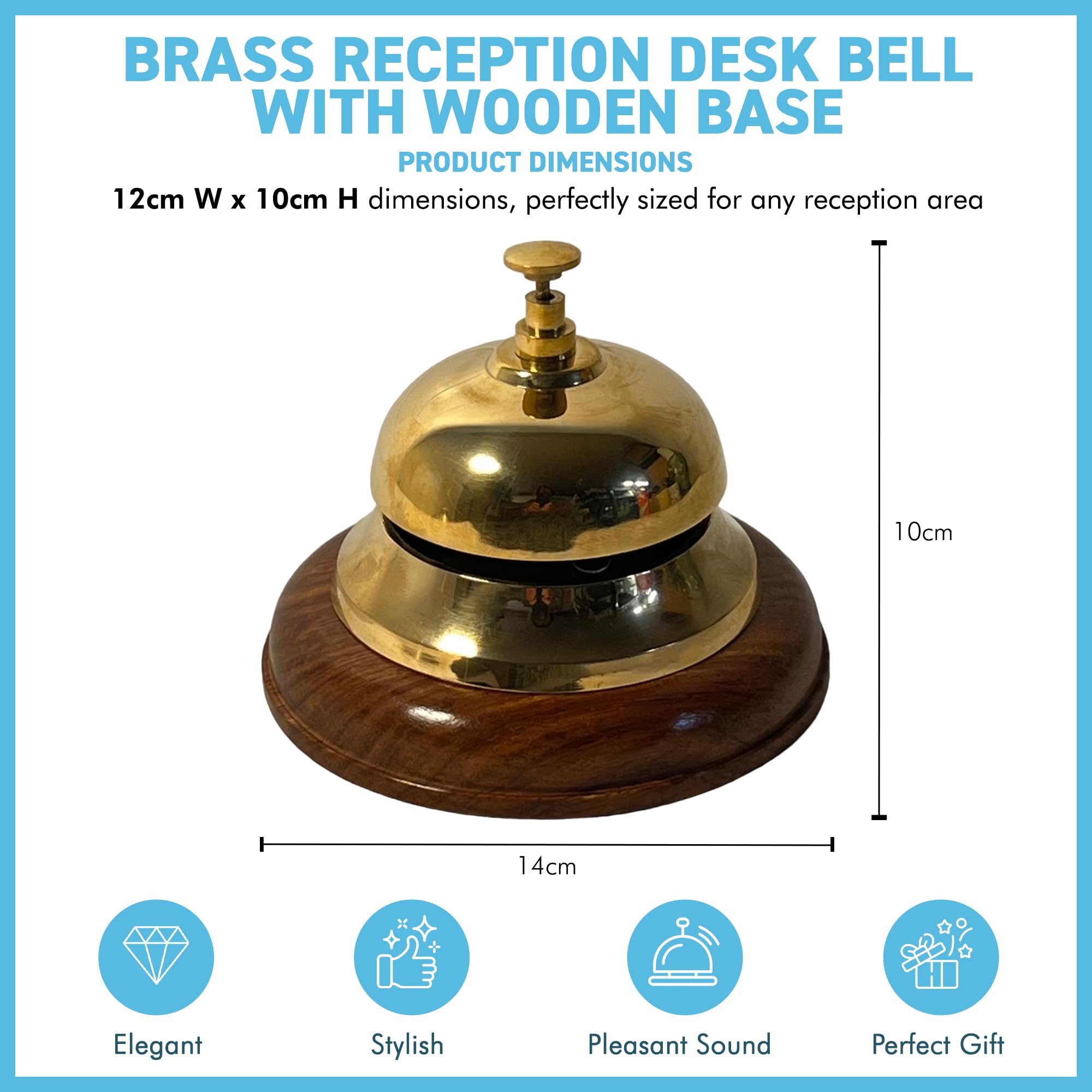 Elegant Brass Reception Desk Bell with Wooden Base - Ideal for Hotels Schools, and Restaurants (12cm W x 10cm H) - Image 4
