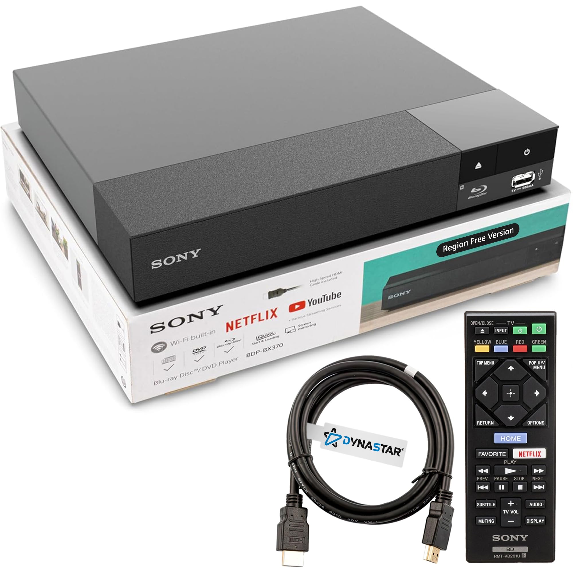 Lecteur Blu-ray Sony BDP-BX370 sans région | Code multi-régions | Blu-ray A B C, DVD 0-7 | Streaming WiFi | Dynastar 1,8m HDMI inclus
