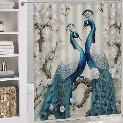 Miniatura 5 de Juego de 4 cortinas de ducha retro con diseño de pavo real, hermoso animal con flores blancas, juego de decoración de baño con alfombras, juego de