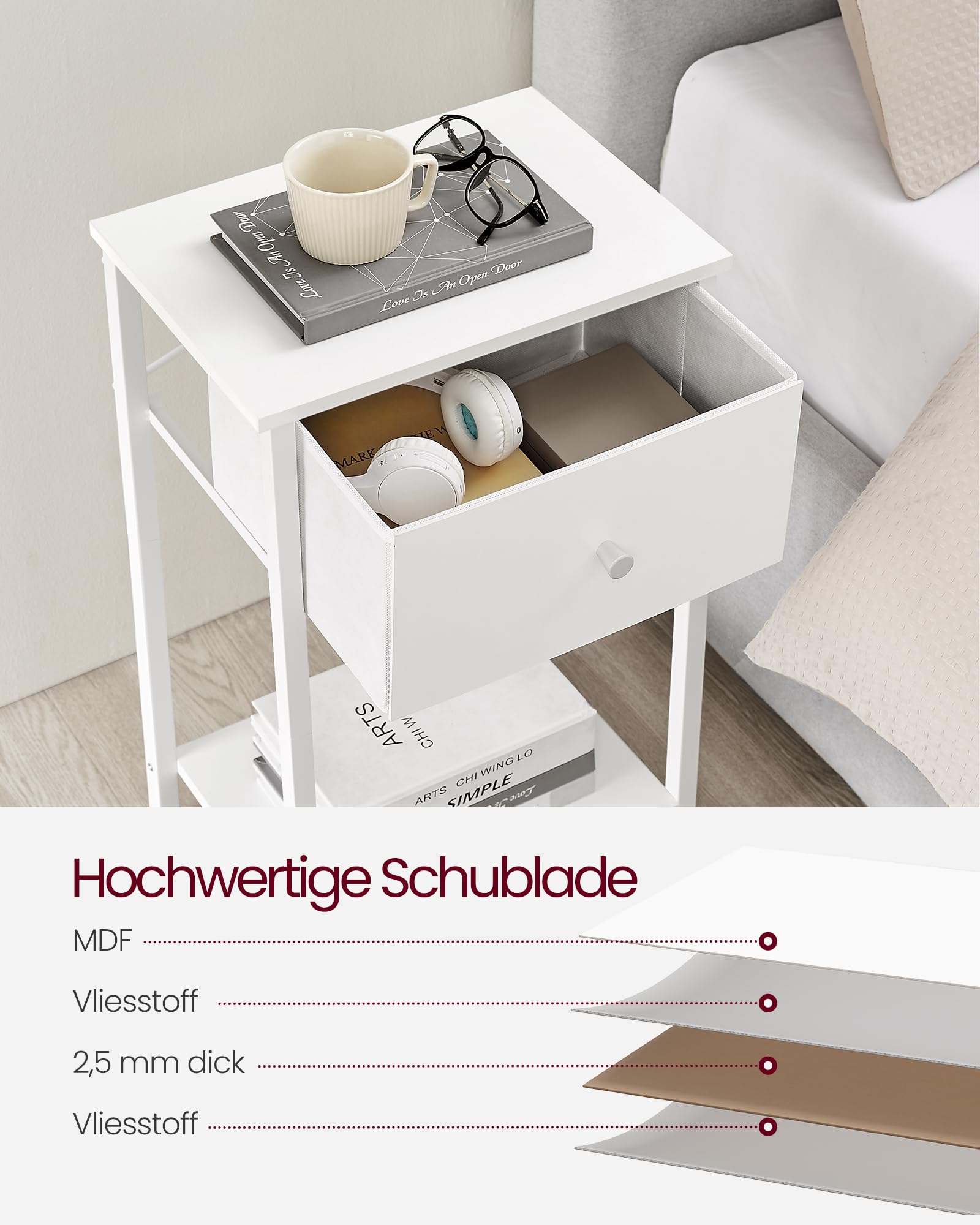 VASAGLE Nachttisch, Beistelltisch mit Stoff-Schublade, 61 cm hoher Nachtschrank, mit Ablage, für Wohnzimmer, Schlafzimmer, weiß LGS221W14