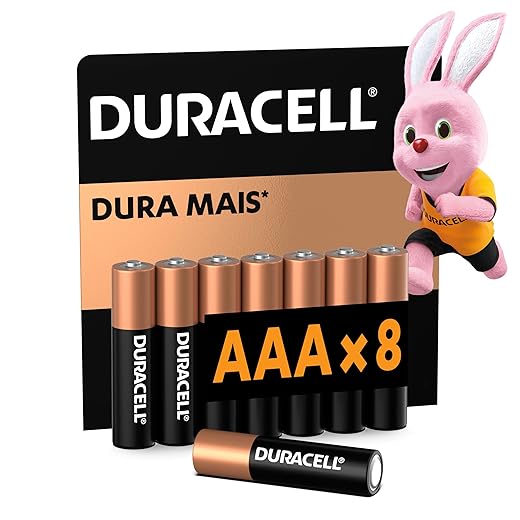 Duracell Pilhas Alcalinas AAA Palito Pack 8 Unidades – Dura Mais – Ideal para Controles Remotos Brinquedos e Lanternas