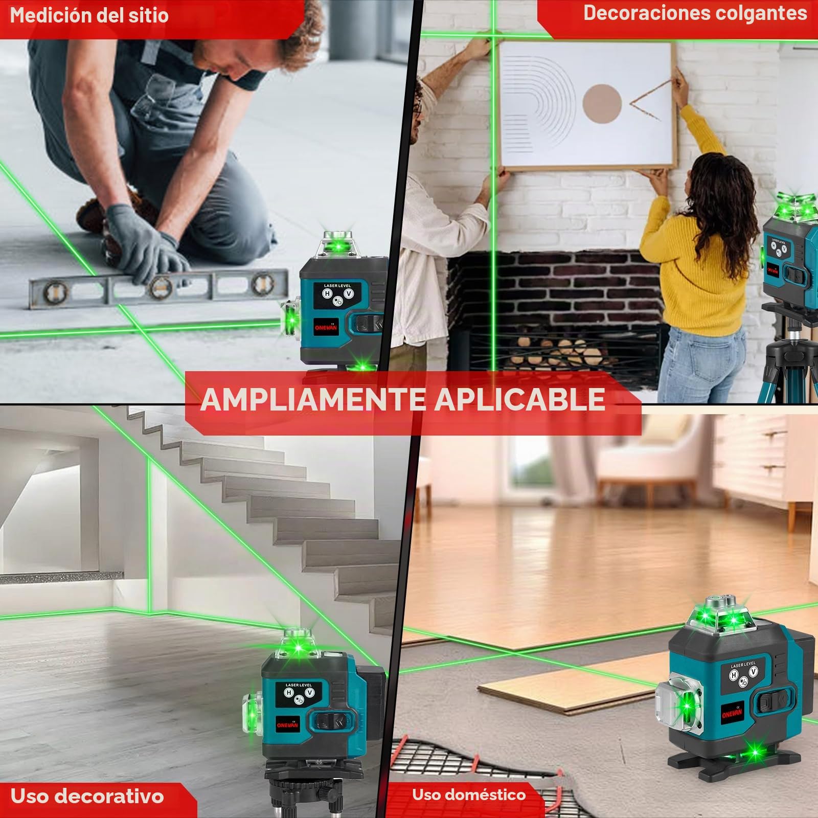ONEVAN Nivel Láser 4D de 16 Líneas Verdes con Trípode incl. 2x2400mAh | 4x360° Cobertura, 1m Soporte robusto, ±3° Autonivelante, App y Control 15m, Protección IP54, Decoración interior, Pladur