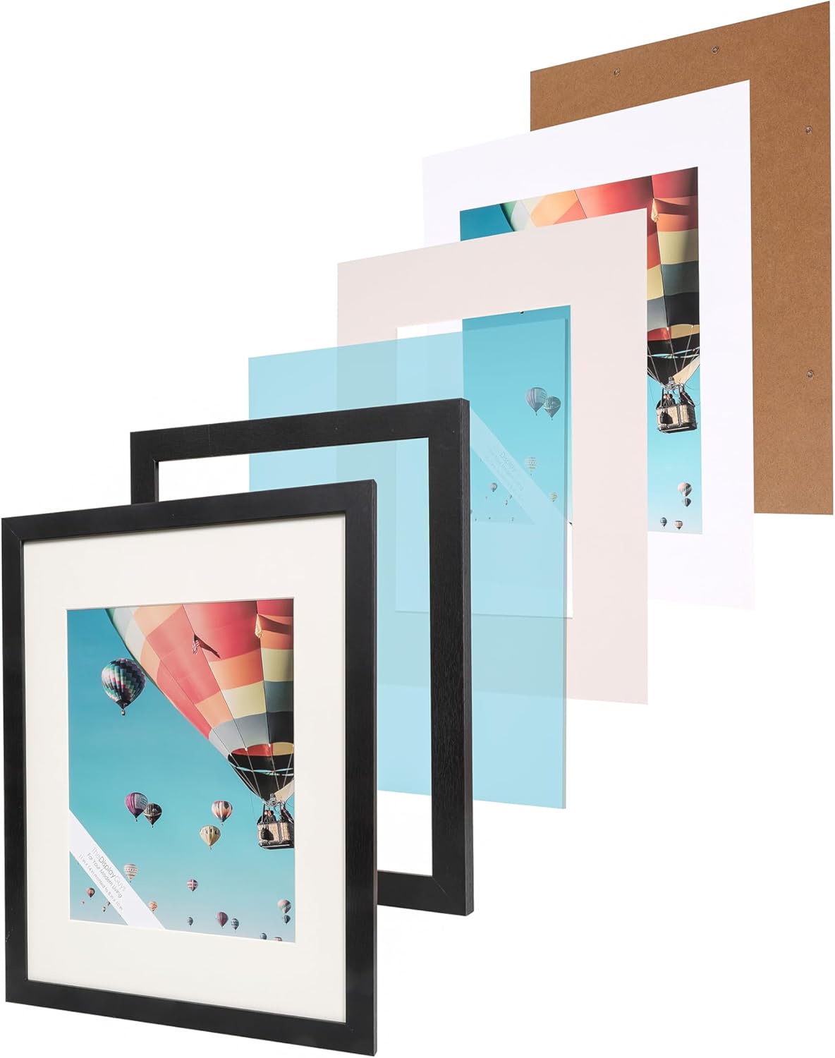 The Display Guys - Set of 6 Wooden Picture Frames 11x14 matted to 8x10 - Plexiglass - Low-Profile - Black - Wall Hanging