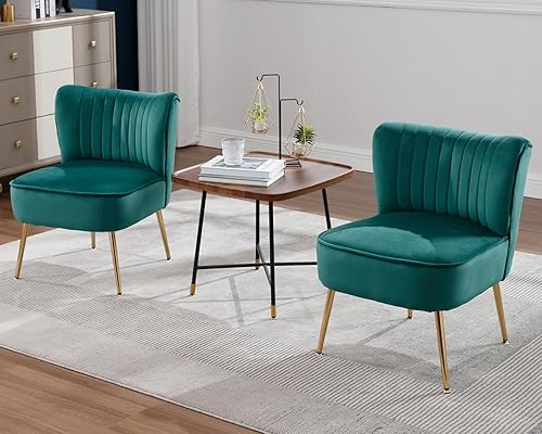 Miniatura 7 de KCC Juego de 2 sillas decorativas modernas tapizadas de terciopelo, sillas de sala de estar de mediados de siglo con patas doradas, cómoda silla sin