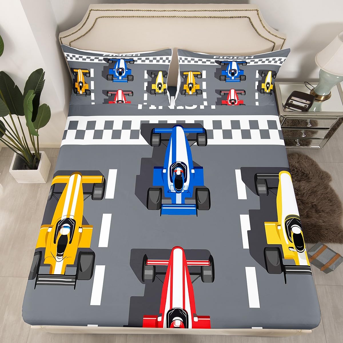 Boys Race Car Bedding Sets Formula Car Racer Fitted Sheet Extreme Speed Sports Games Bed Cover for Kids Car Theme Bedroom Decor Formula Racing Car Sheet Set with 1 Pillow Case Twin No Top Flat Sheet-image-13
