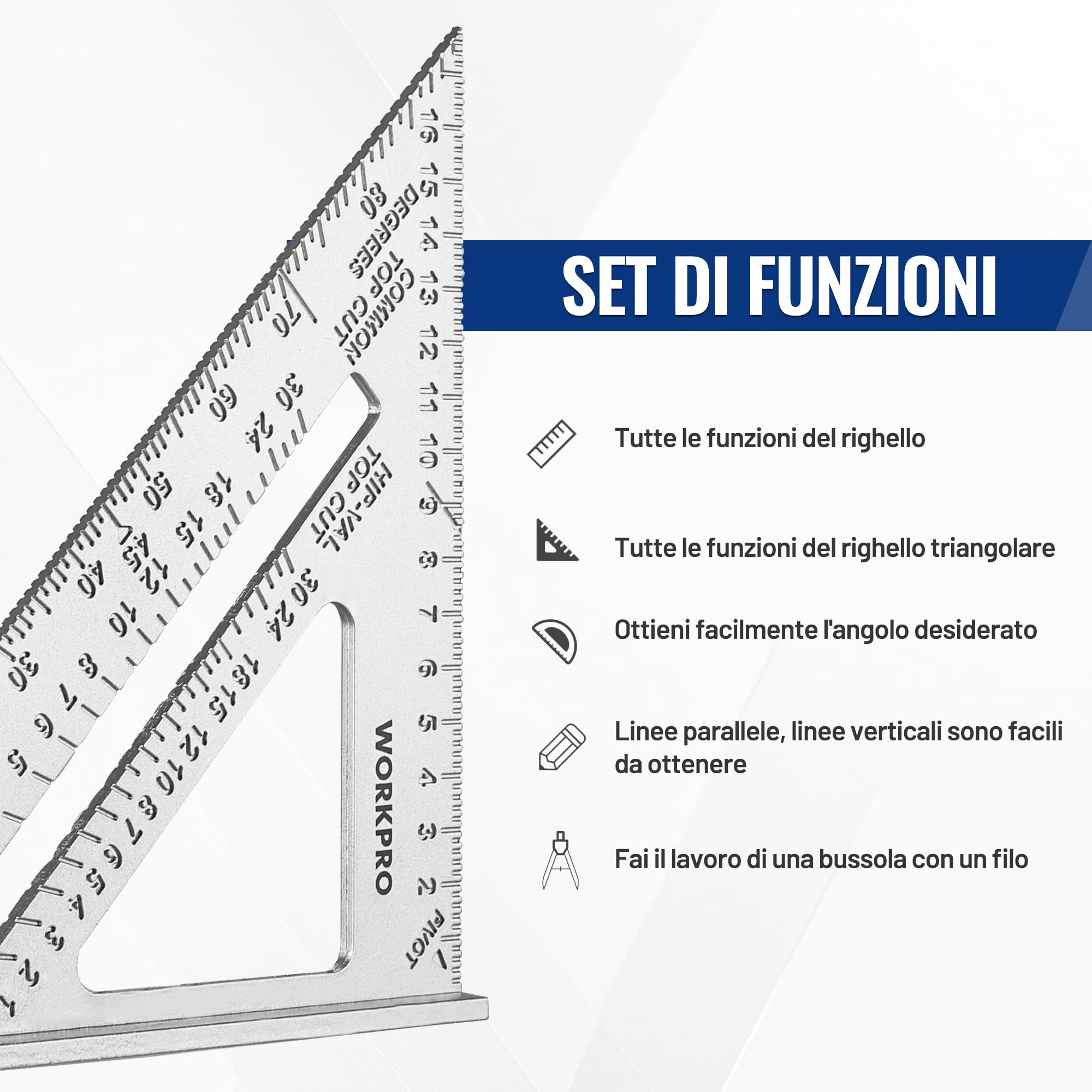 Squadra Falegname WORKPRO 180mm - Multifunzione Alluminio Alta Precisione - Foto 10
