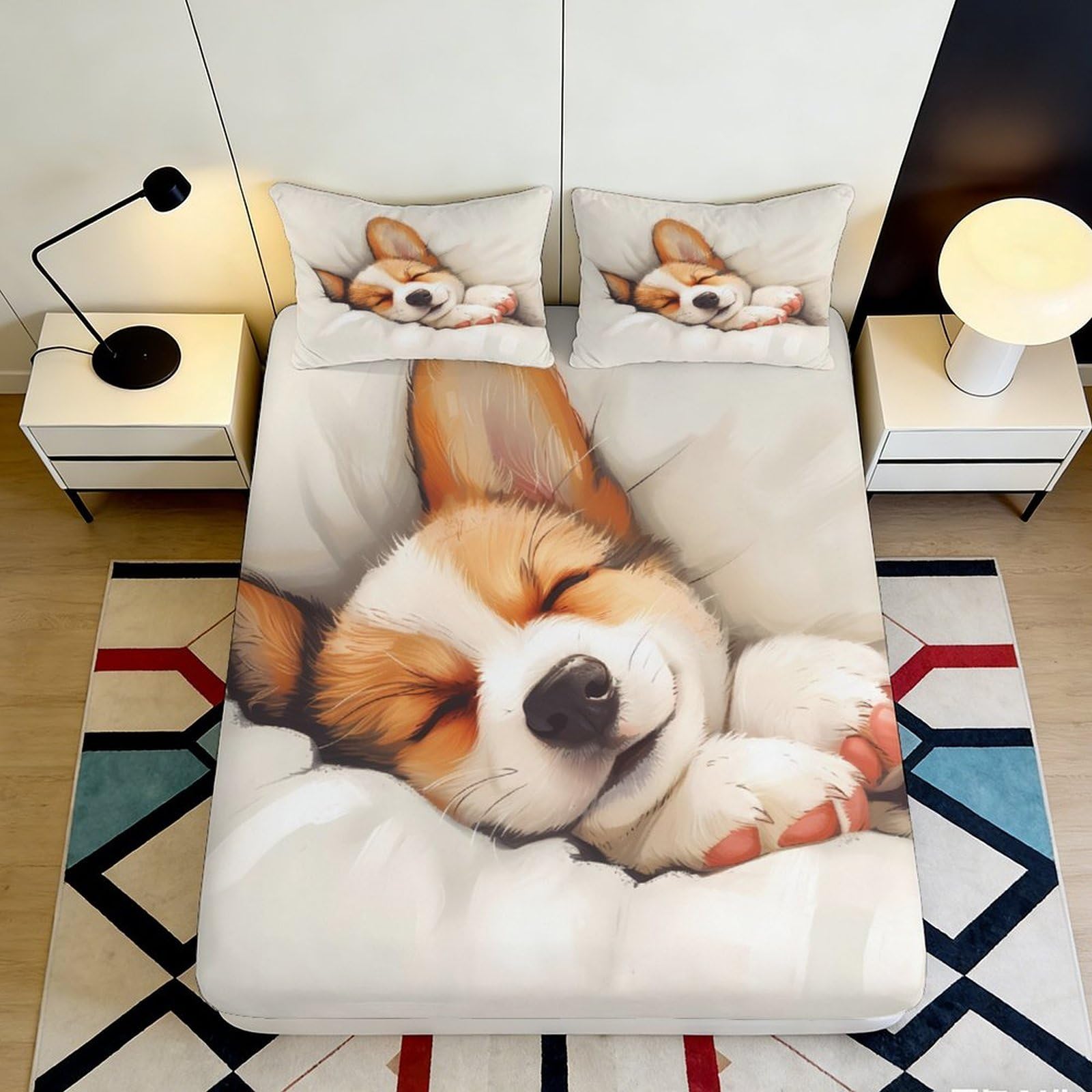 3D Printed Sleeping Corgi Fitted Sheet Microfiber Soft Anti-Slip Cute Puppy Bed Cover for Bedroom Guest Room Decor 90x200x25cm