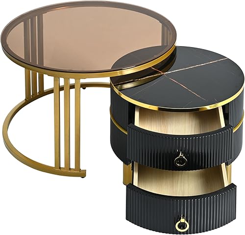 LUMISOL Mesas de centro de mármol para sala de estar, mesa de centro ovalada blanca con almacenamiento, mesa de centro moderna de mármol dorado con