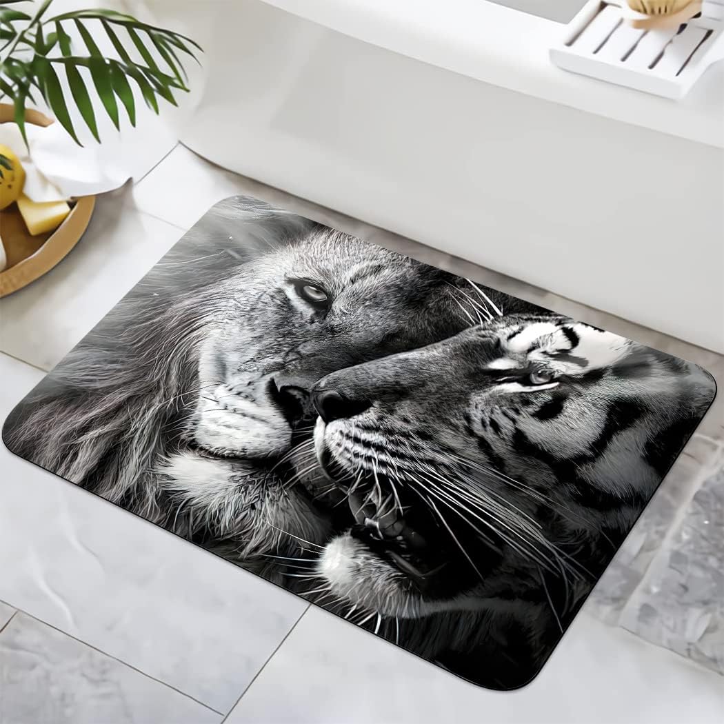 HommomHBath Mat 17 x 24 inch Quick Dry Super Absorben Microfiber Bathroom Rugs Washable Non-Slip Bathroom Mat with Lion and Tiger