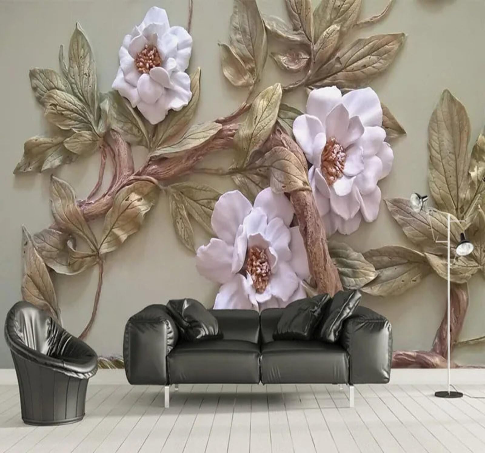 Wallpaper-3D-Xlm 350Cm×256Cm(B×H) Relief Branches Leaves Flowers Art 3D Wallpaper Easy Install Feature Office Living Room Sofa Bedroom Tv Background Wall Decoration-350Cm×256Cm