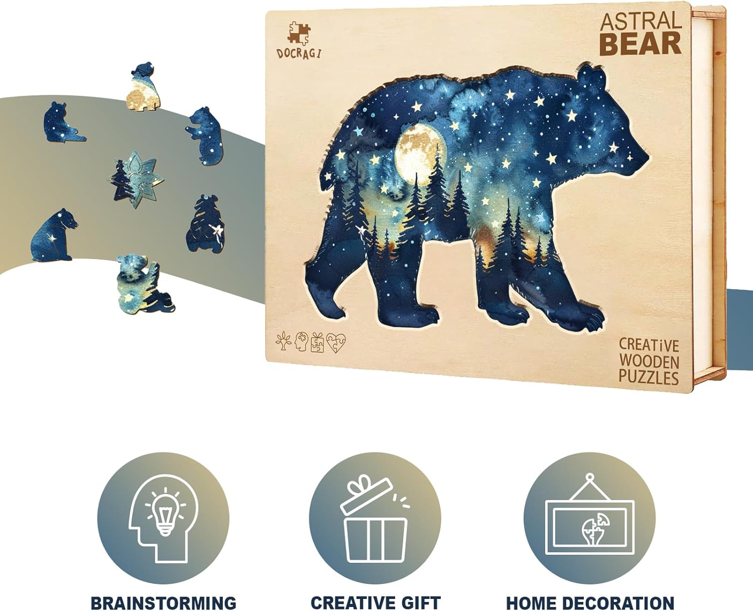 Wooden Puzzles for Adults - Astral Bear Wooden Jigsaw Puzzle - Unique Animal Shaped Wood Puzzles Adult - Christmas Birthday Gifts for Adults/Friends/Family - 200 Pcs 14.3 * 9.5in