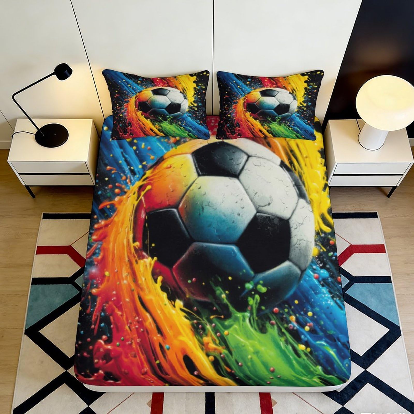 3D Printed Colorful Soccer Ball Fitted Sheet Microfiber Soft Durable Vibrant Football Mattress Cover for Bedroom Dormitory Guest Room Mattress Protection 180x200x25cm