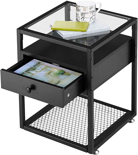 Miniatura 7 de VECELO Mesitas de noche modernas, cajón lateral, centro de entretenimiento multimedia con mesa auxiliar de sofá para sala de estar, dormitorio, sala