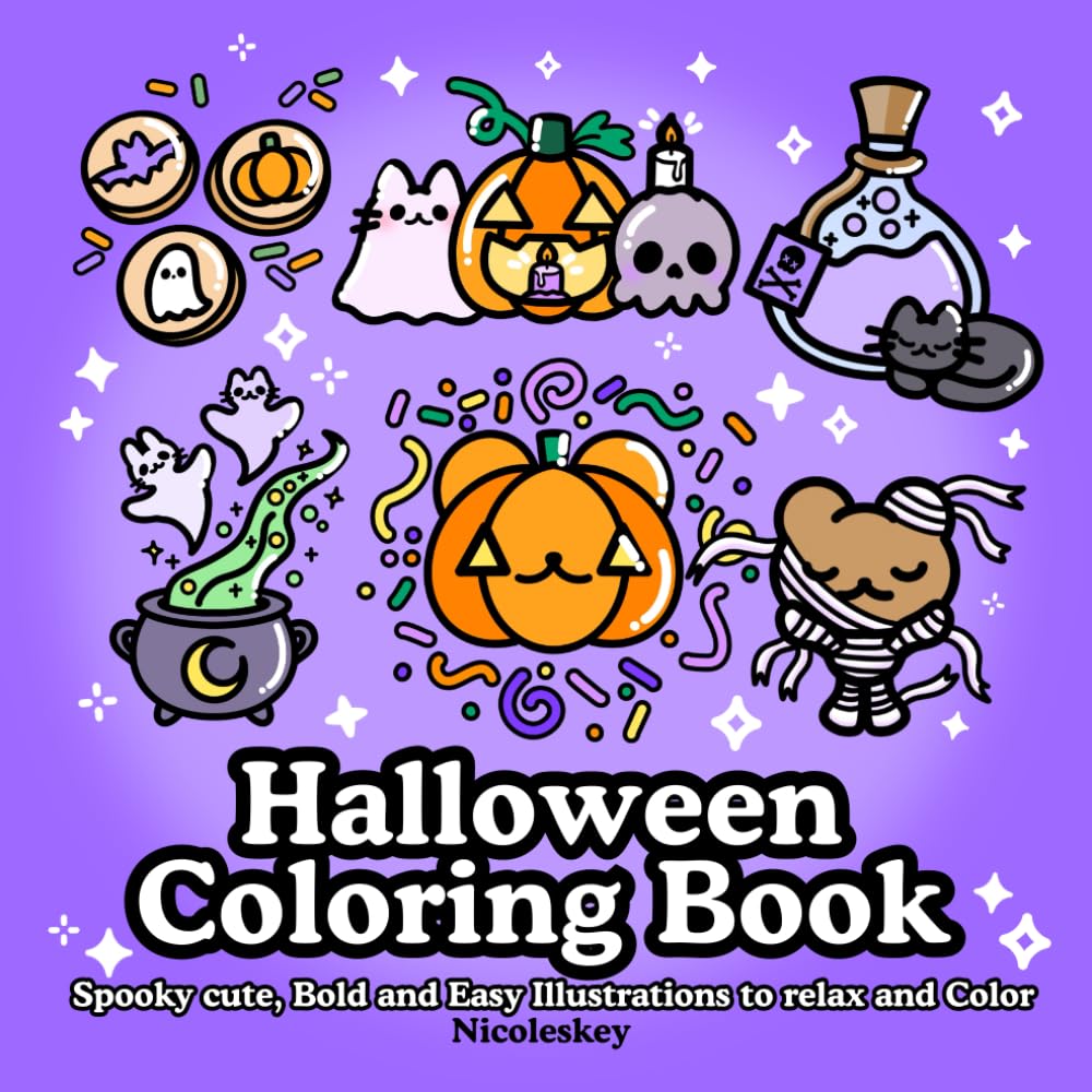 Halloween Coloring Book: Spooky cute, Bold and Easy Illustrations for Adults and Kids