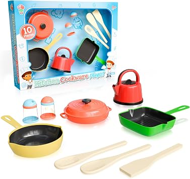 Lollipop Kids Kitchen Playset Pots and Pans with Utensils Cookware Playset 10-Piece Gourmet Cooking Set for Toddlers 3+ | Complete with Cooking Utensils & Accessories | Safety Tested for Safe Play