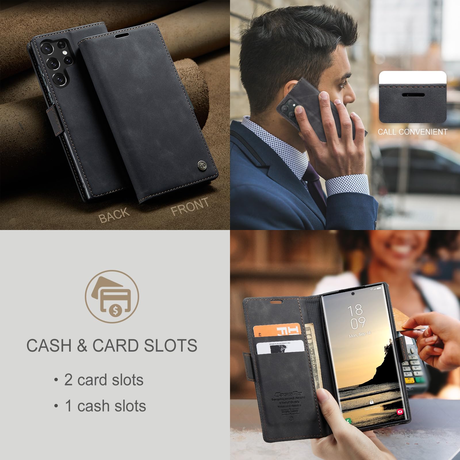 Azororo Cover per Samsung Galaxy S25 Ultra 5G, Premium PU Pelle Custodia, Magnetica Carta Fessura Portafoglio Case, Flip Cavalletto Custodia per Samsung Galaxy S25 Ultra- Nero