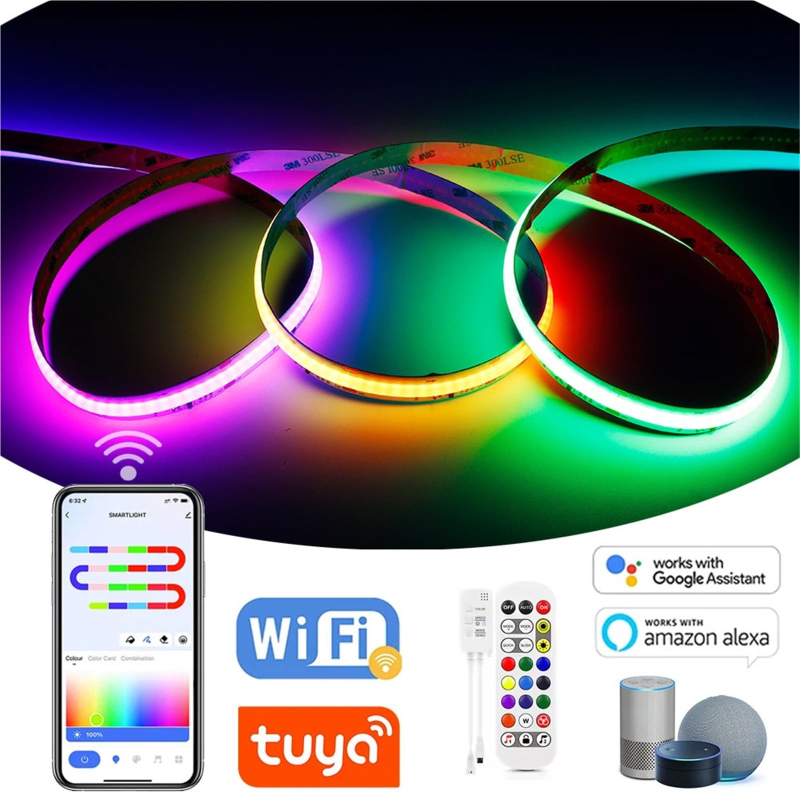 LED Light Strip Tuya WIFI APP Control Flexible Smart Addressable RGB Tape DC12V(EU Plug,5M Kit)
