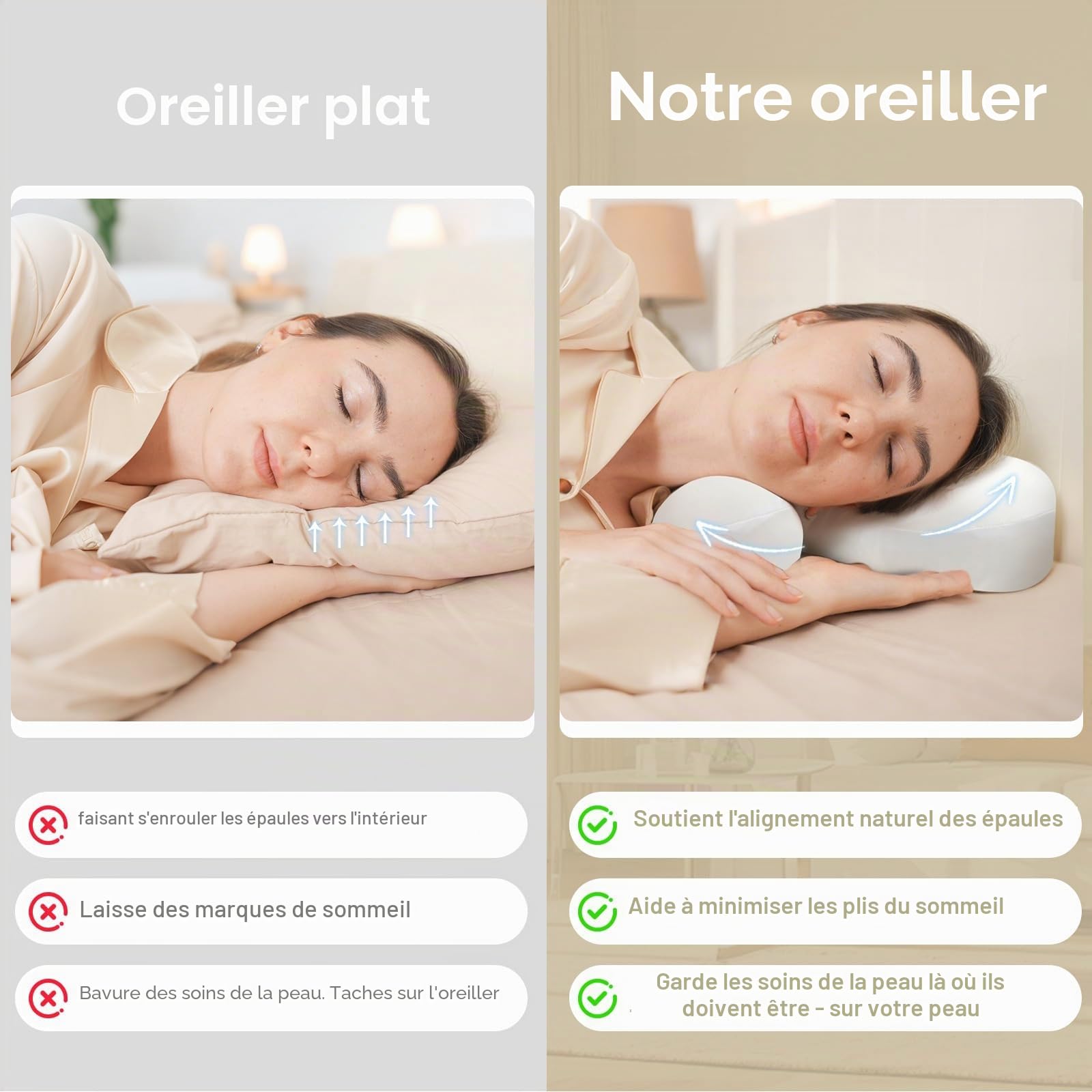 vocheer Silkly Oreiller de beauté anti-rides, oreiller cervical rafraîchissant en mousse à mémoire de forme avec design ergonomique, soutient le cou et les épaules pour les personnes dormant sur le