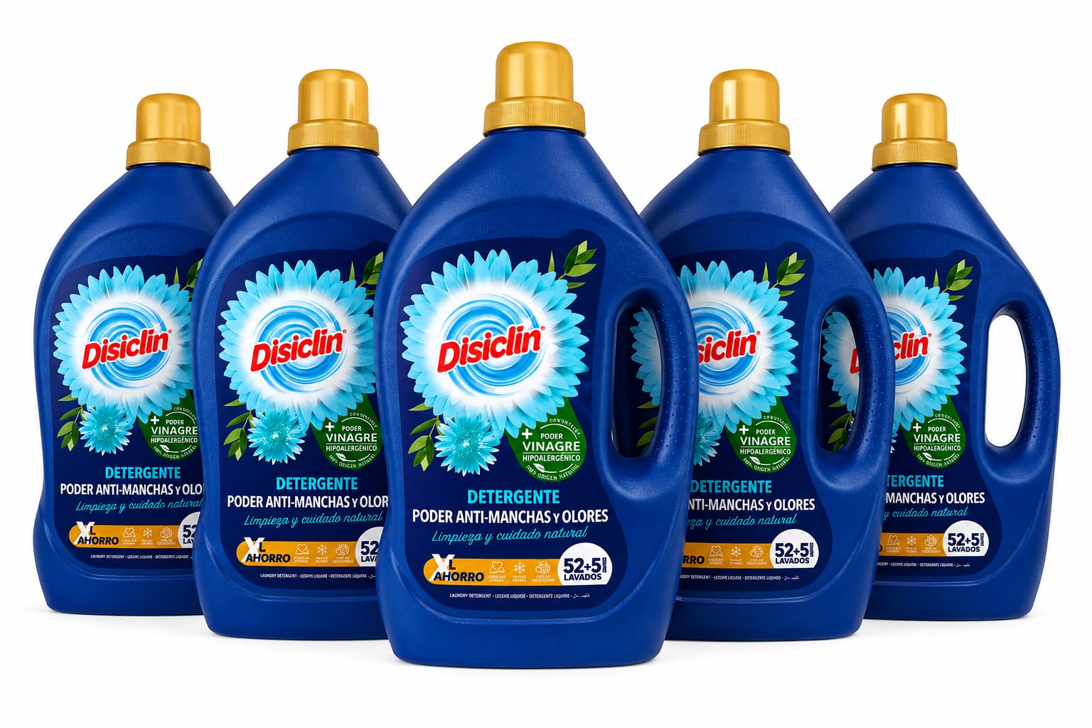 Disclin Detergente Líquido con Vinagre 2,7L | 52+5 Lavados | Pack 5 unidades | Poder Antimanchas y Antiolores | Detergente para Lavadora | Ropa Blanca y Color | Aroma Fresco | RASMACOR