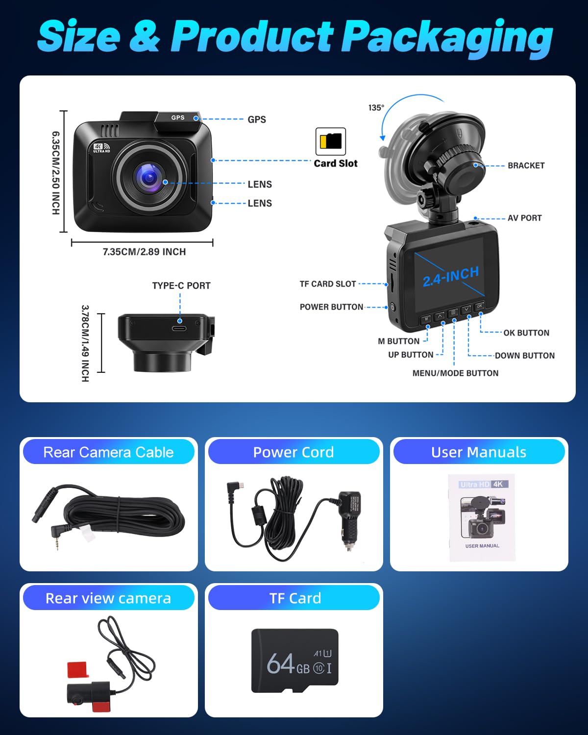 NHOPEEW Dashcam 4K para Coche con WiFi, GPS y G-Sensor | Cámara Trasera 1080P, Grabación en Bucle, Visión Nocturna, Monitor de Aparcamiento 24H, Pantalla de 2,4"
