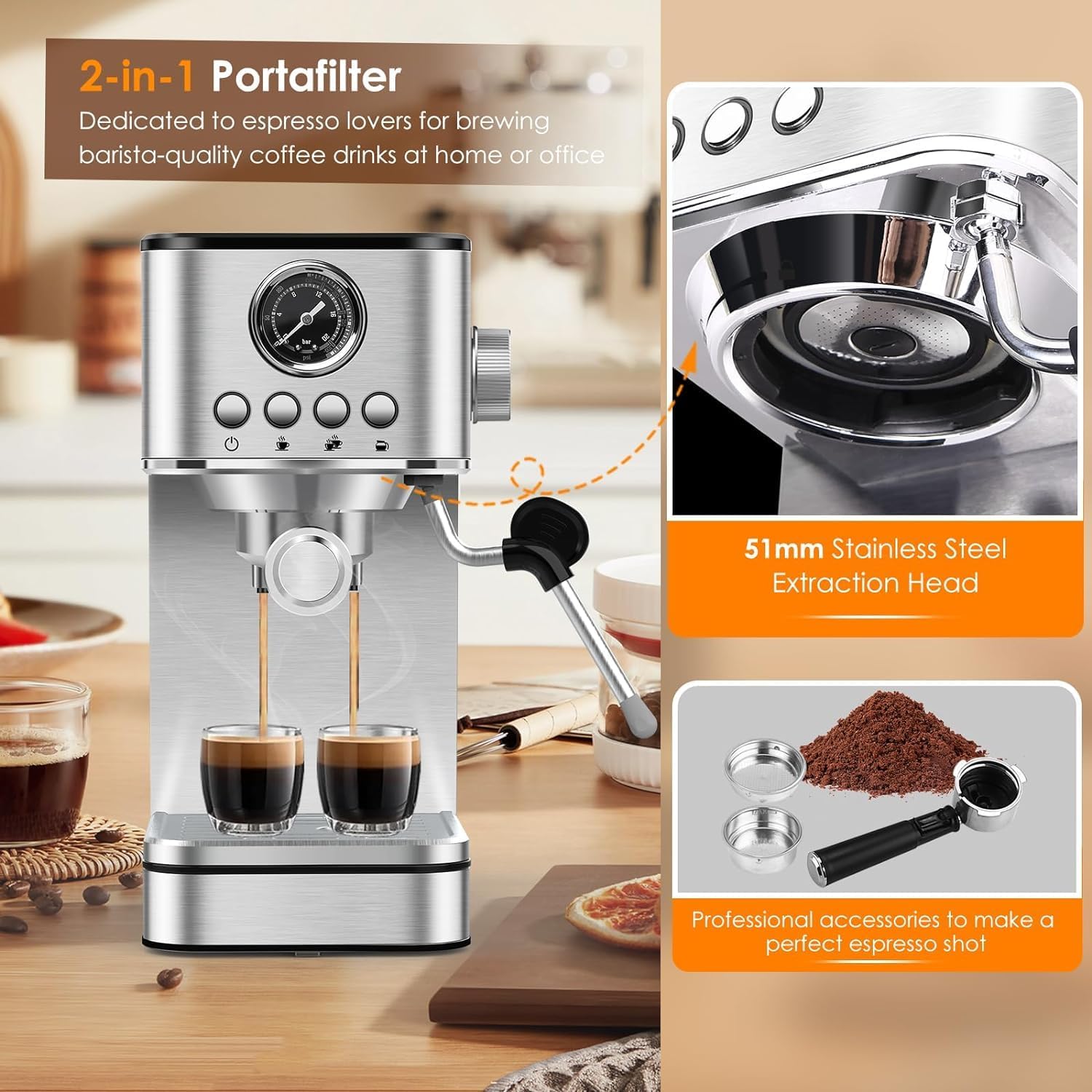 Espresso Machine Coffee Makers 20 Bar, Stainless Steel Espresso Machine with Milk Frother/Steam Wand for Espresso, Latte and Cappuccino - Premium Home Coffee Maker for Barista Quality Drinks