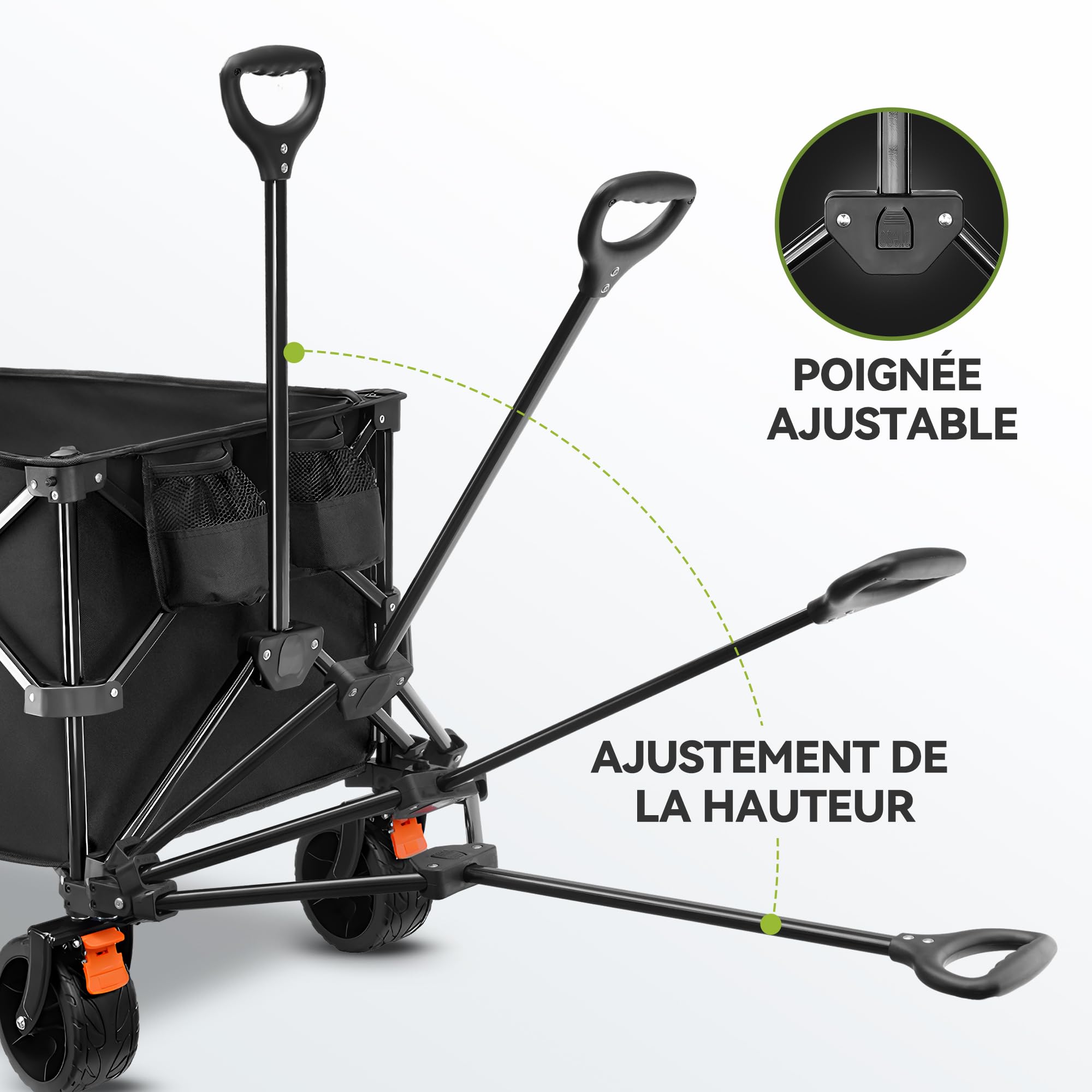 TECKNET Chariot de transport pliable avec freins - 180 l - 150 kg - Charge maximale : 150 kg - Pour la plage, le camping, le camping, les festivals - Noir