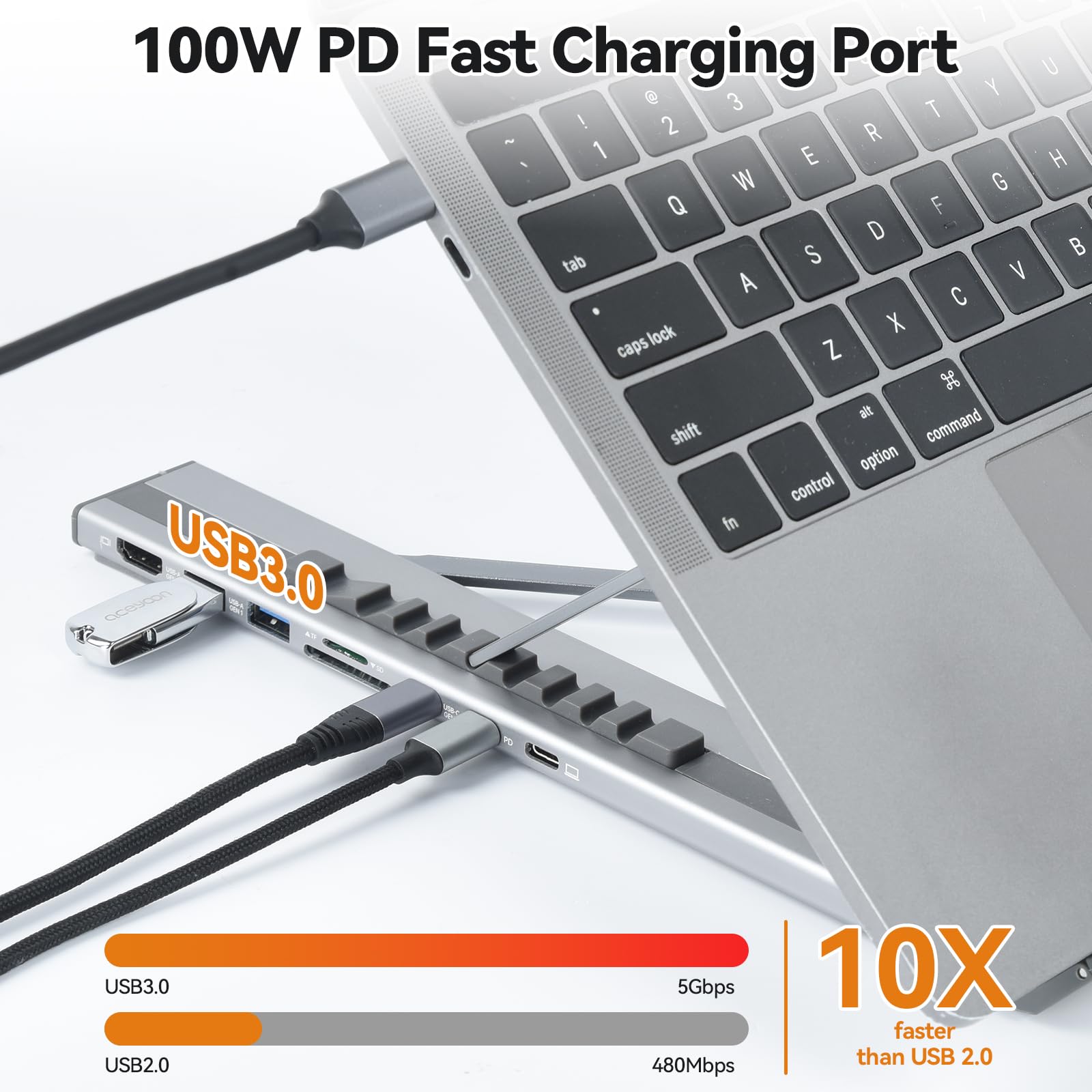 aceyoon Stojak na laptopa 8 w 1 USB C, stacja dokująca z aluminium, 100 W PD USB C Hub Stand z HDMI 4K 30Hz, USB 3.0+Typ-C 5 Gbps, czytnik kart SD/TF, w zestawie kabel USB C 60 cm do MacBooka, Pad i