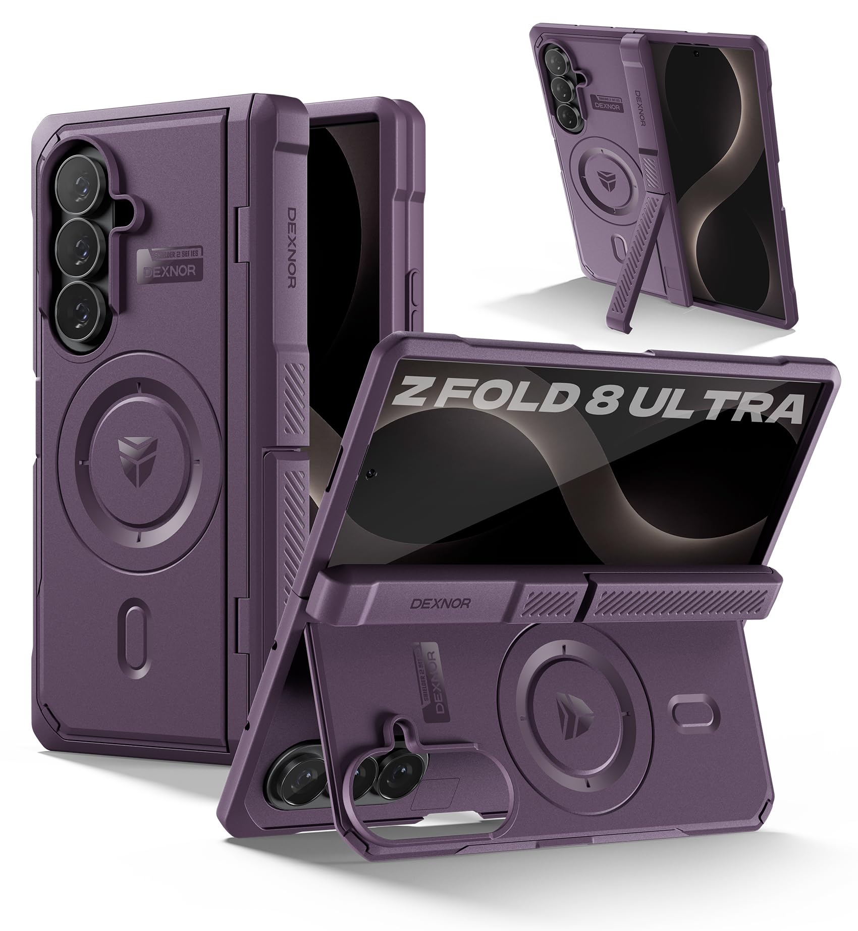 Dexnor Magnétique Coque pour Samsung Galaxy Z Fold 8 Ultra, avec Double Béquille & Protection d'Écran Avant & Protection Charnière, Compatible MagSafe, Étui Choc Robuste Heavy-Duty - Fantôme Violet