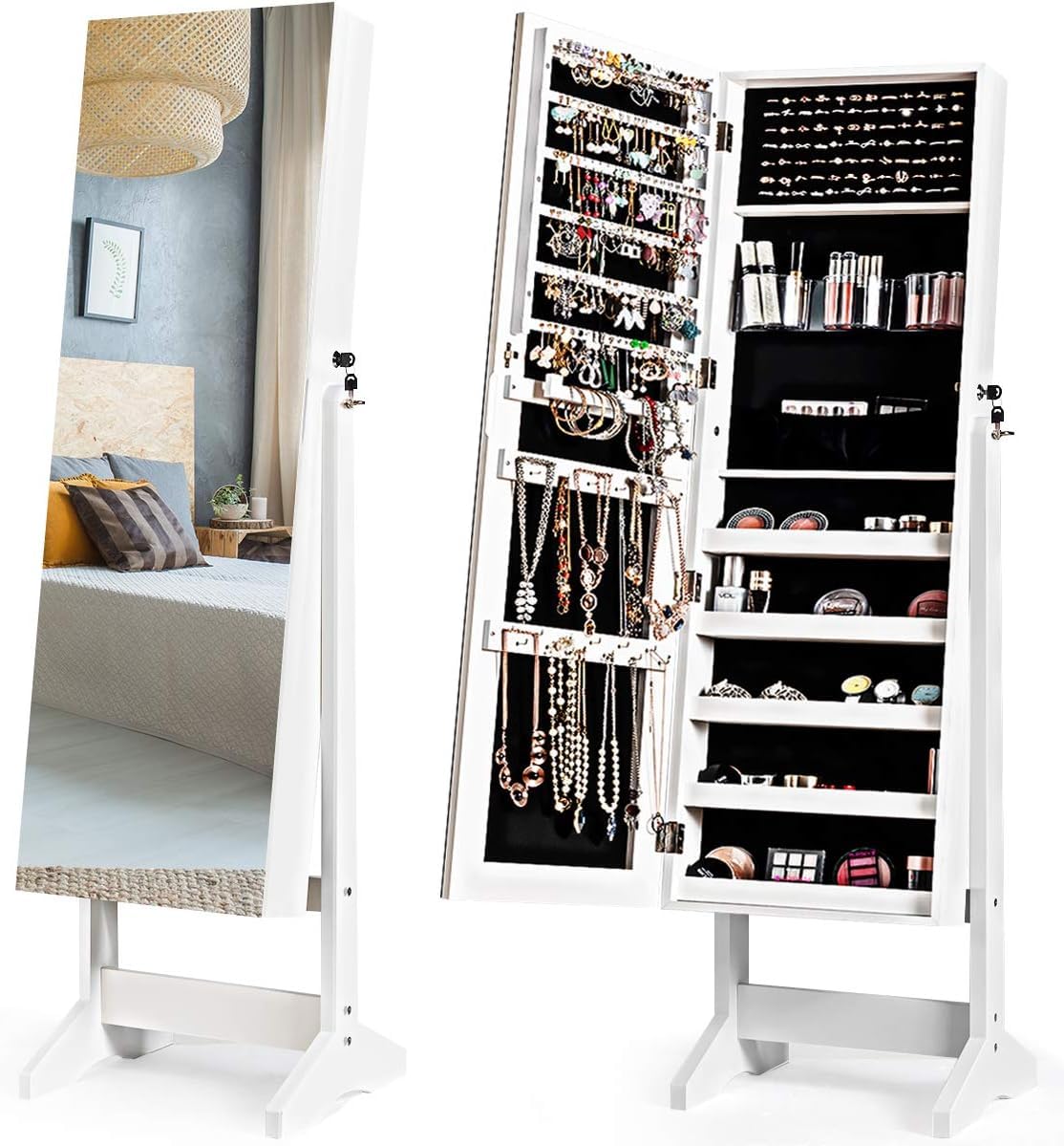 RELAX4LIFE RELAX4LIFE Espejo Joyero de Pie con Espejo Cuerpo Entero Sin Marco y Ángulo Ajustable, Armario Joyero con Cerradura y Llaves para Anillos/Collares/Pendientes/Cosmético, Armario para Joyas (Blanco)