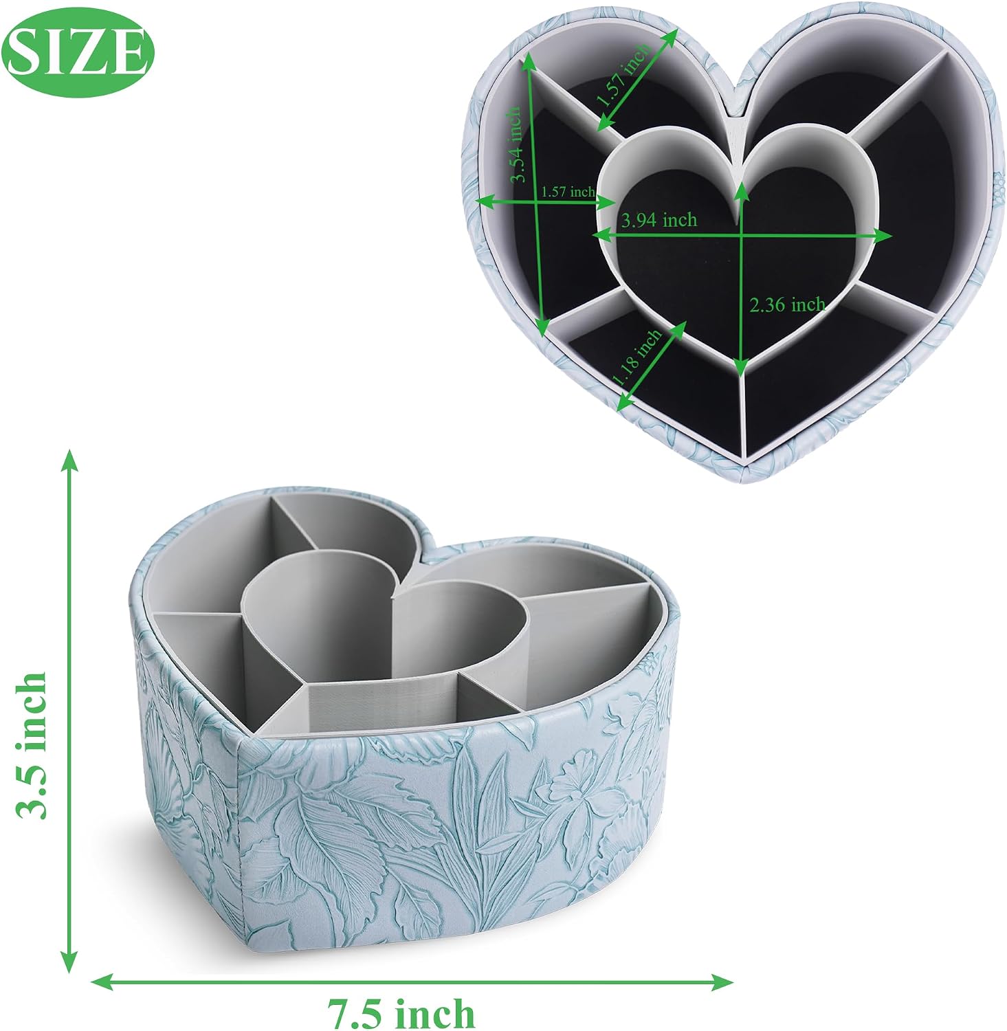 Heart Shaped Leather Art Supply Organizer,Remote Control Holder,360 Degree Spinning,Multi-Functional Pencil Holder,7 Compartments Desktop Stationary Organizer(1-Heart Blue)