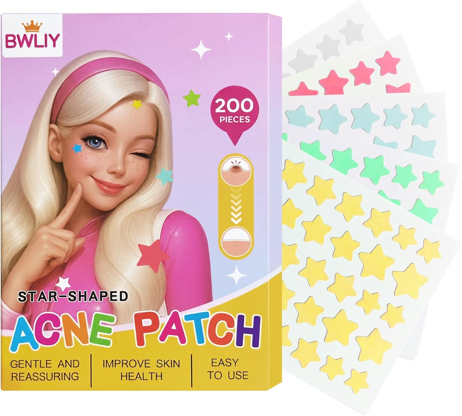 Star-Shaped Pimple Patches, 3 Sizes, 200 Count Acne Patches, Hydrocolloid Patches for Covering Pimples and Blemishes, Absorbs Fluid, Reduces Redness, Vegan, Cruelty-Free Skincare