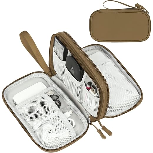 FYY Electronic Organizer, Travel Tech Pouch Bag, Medium, Brown | Wrist Strap, Waterproof, Double Layers Portable Electronics Travel Carrying Case for Cord, Charger, Daily Business Trips Use