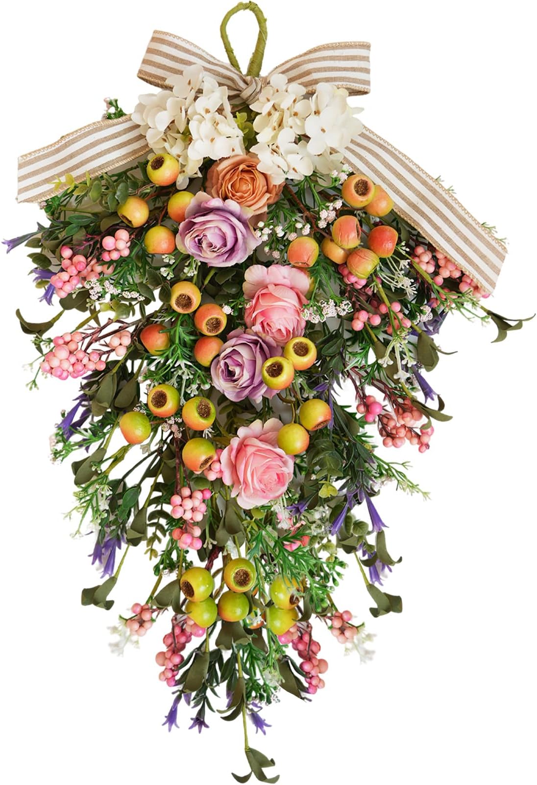 Spring Floral Teardrop Swag, Artificial Hydrangea Rose Swag for Spring Summer, Spring Summer Floral Hanging Swags for Front Door Wall Mantel Window Decor