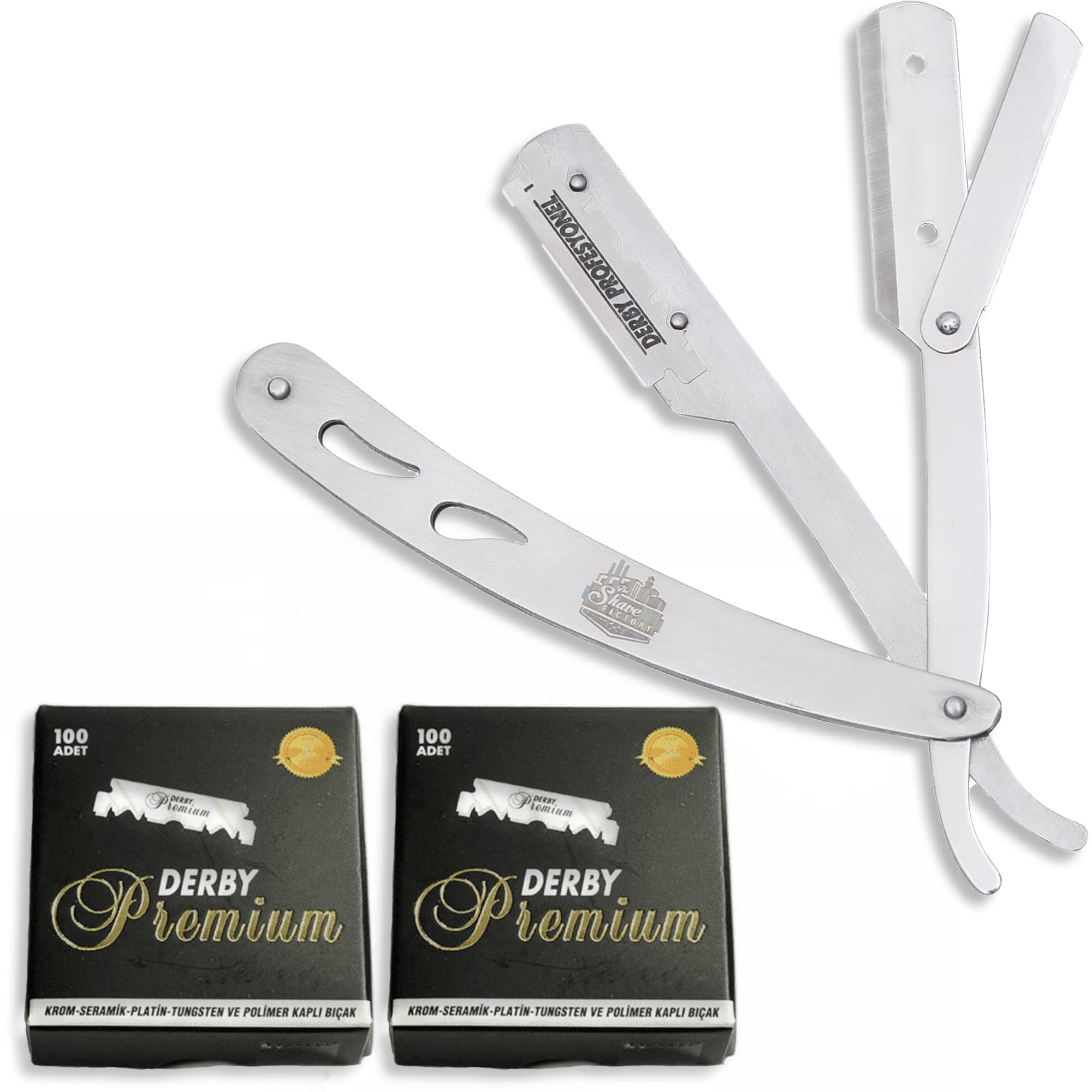 the shave factoryStraight Edge Razor Kit - Straight Razor Kit - Straight Edge Razor, straight razors for men from the The Shave Factory (Steel Razor / 200 Derby Premium Single Edge Razor Blades)
