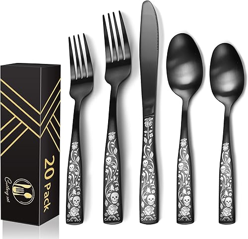 Miniatura 6 de IFERRENS Juego de cubiertos negros mate de 40 piezas para 8, juego de cubiertos decorativos con diseño de rosa de calavera 180, acabado de manchas