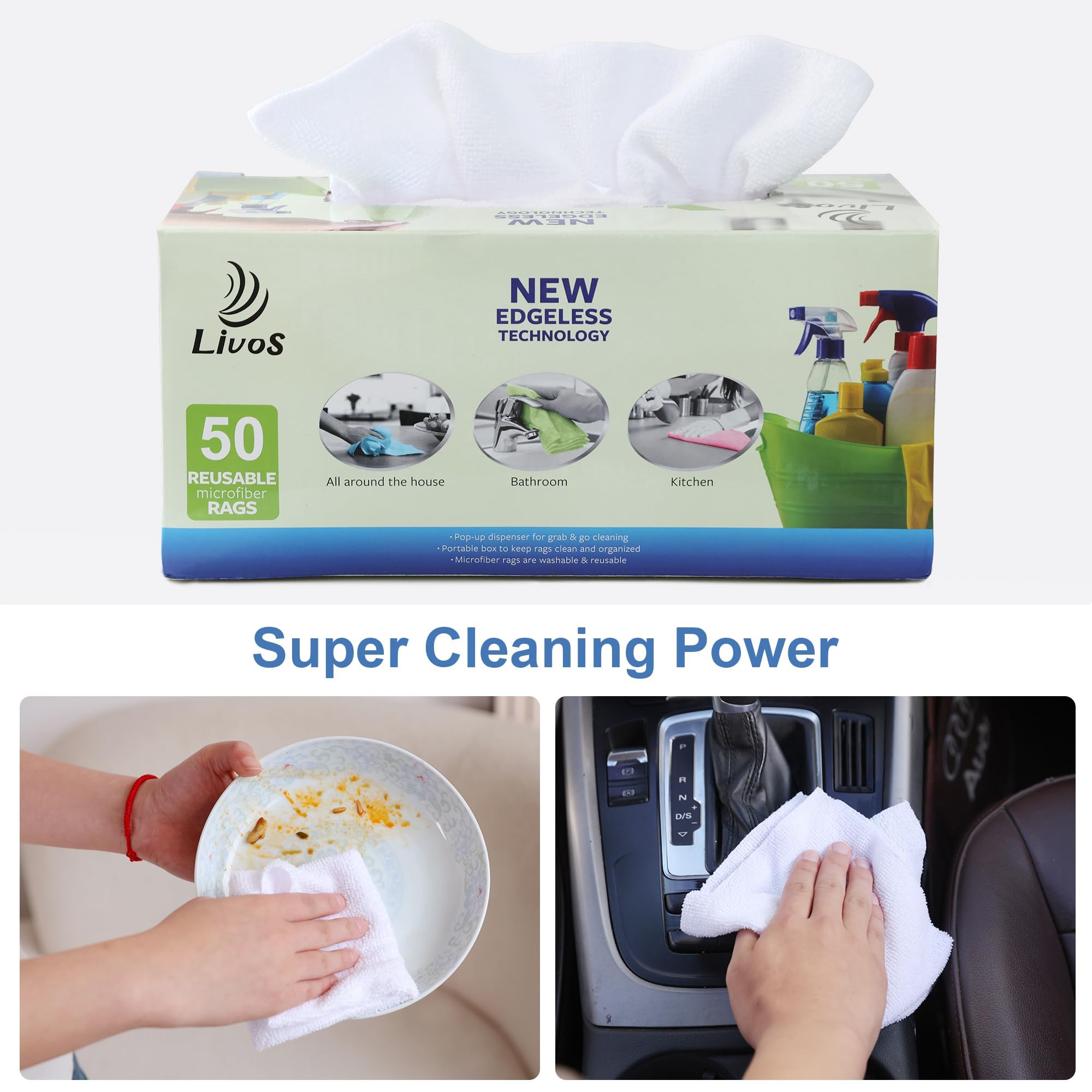 LIVOS Paquete de 50 paños de limpieza de microfibra en caja, trapos de limpieza reutilizables, 11.5 x 11.5 pulgadas, toallitas de microfibra sin bordes, sin pelusas, toallas absorbentes para cocina,