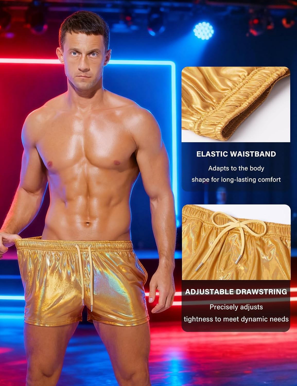 Casey Kevin Men's Holographic Metallic Short Sparkly Shiny Short Pants Rave Outfit Hot Shorts with Pockets and Drawstrings - Image 3