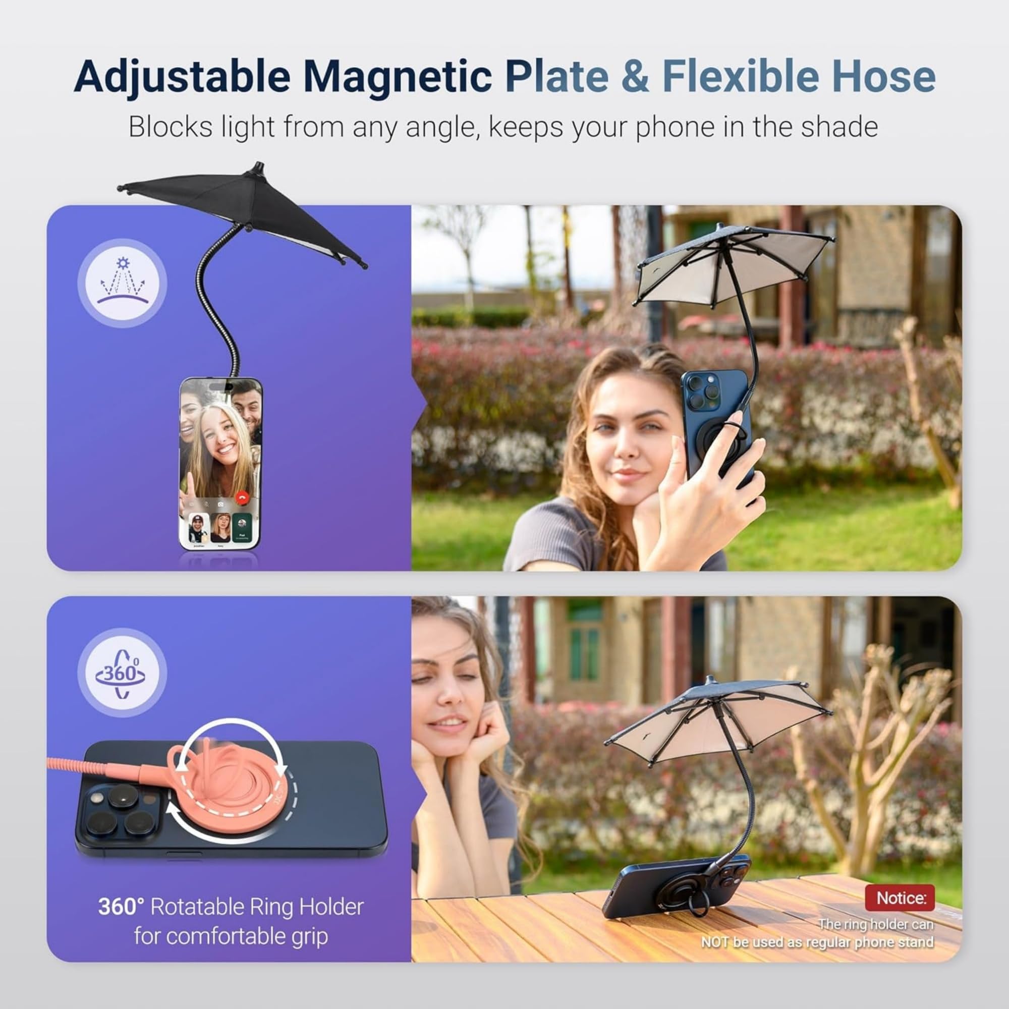 Kiorafoto Parapluie pour téléphone portable avec revêtement anti-UV noir, protection UV UPF 45+, pare-soleil pour téléphone portable pour iPhone17/16/15/14/13