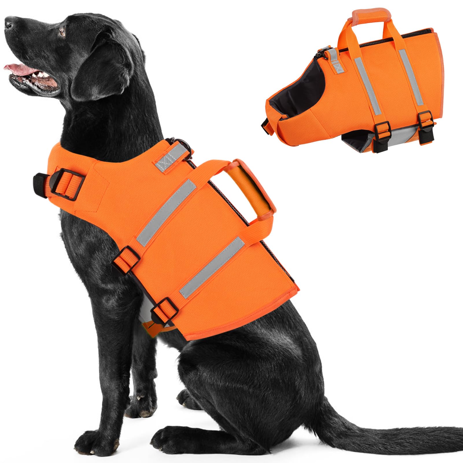 PUZAUKAL Giubbotto Salvagente Cane Ripstop Salvagente per Cani con Manico e Strisce Riflettenti Giubbotto di Salvataggio per Cani regolabile con Buona Galleggiabilità per Nuoto,Spiaggia(Arancione 2XL)