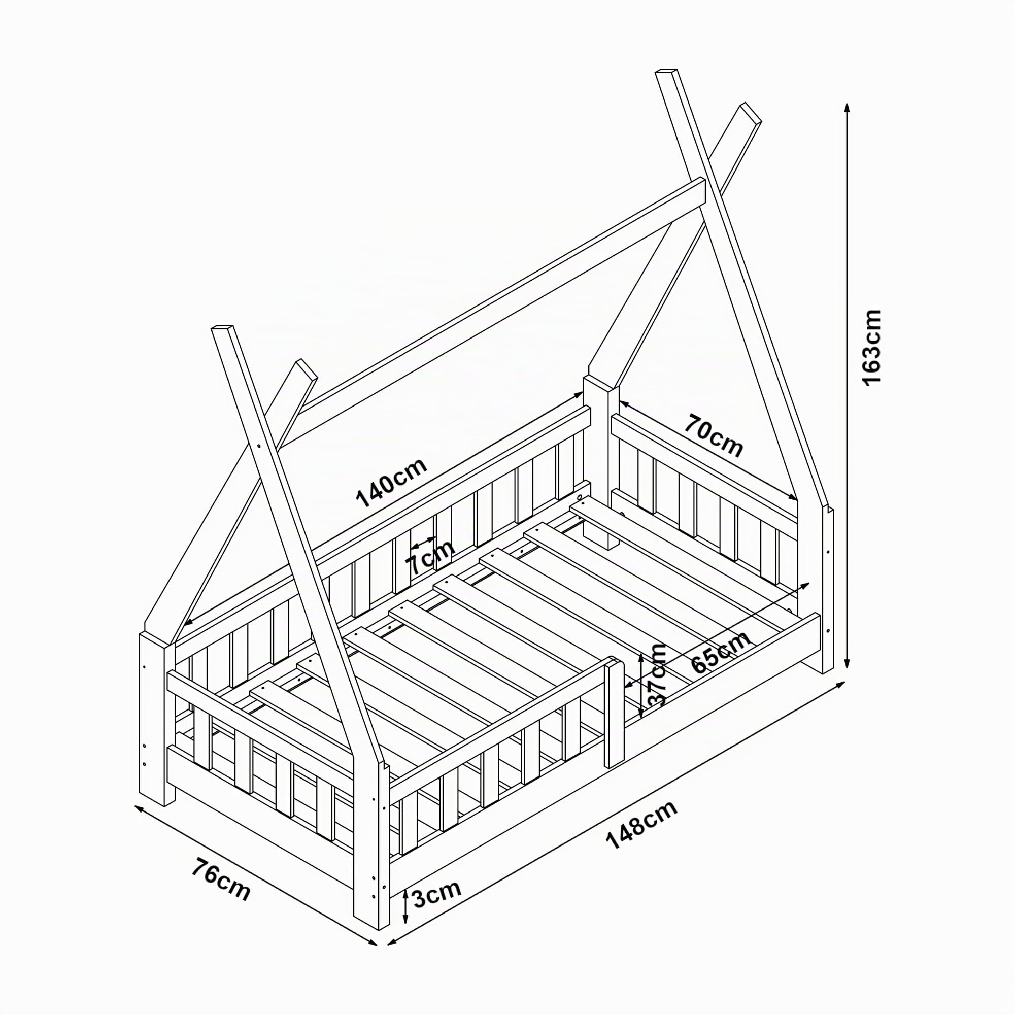 [en.casa] Letto per Cameretta a Forma di Capanna con Sponde Anticaduta e Materasso 70x140 cm Lettino Tipi per Bimbi Design Montessori Legno di Pino - Naturale